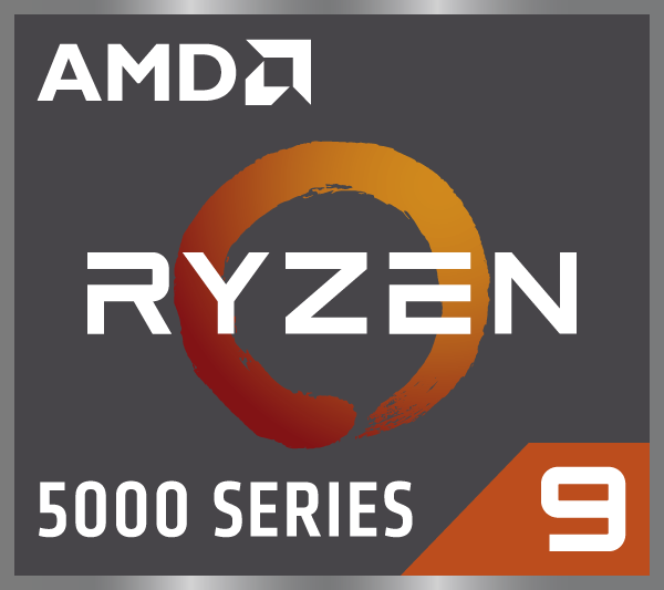 AMD Ryzen 9 5000 Series Logo auf grauem Grund mit orangefarbenem Kreis.