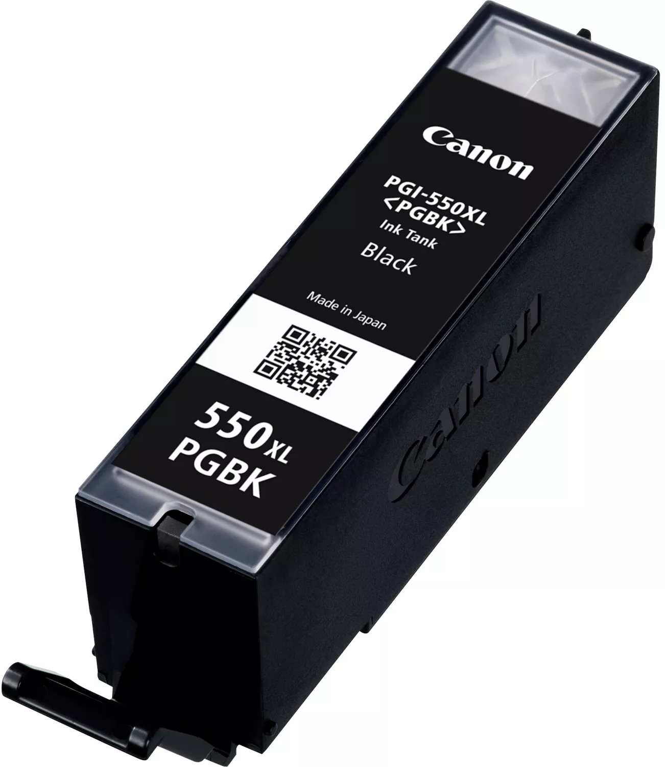 Fekete Canon tintapatron PGI-550XL felirattal, QR-kóddal és 'Black' szóval.