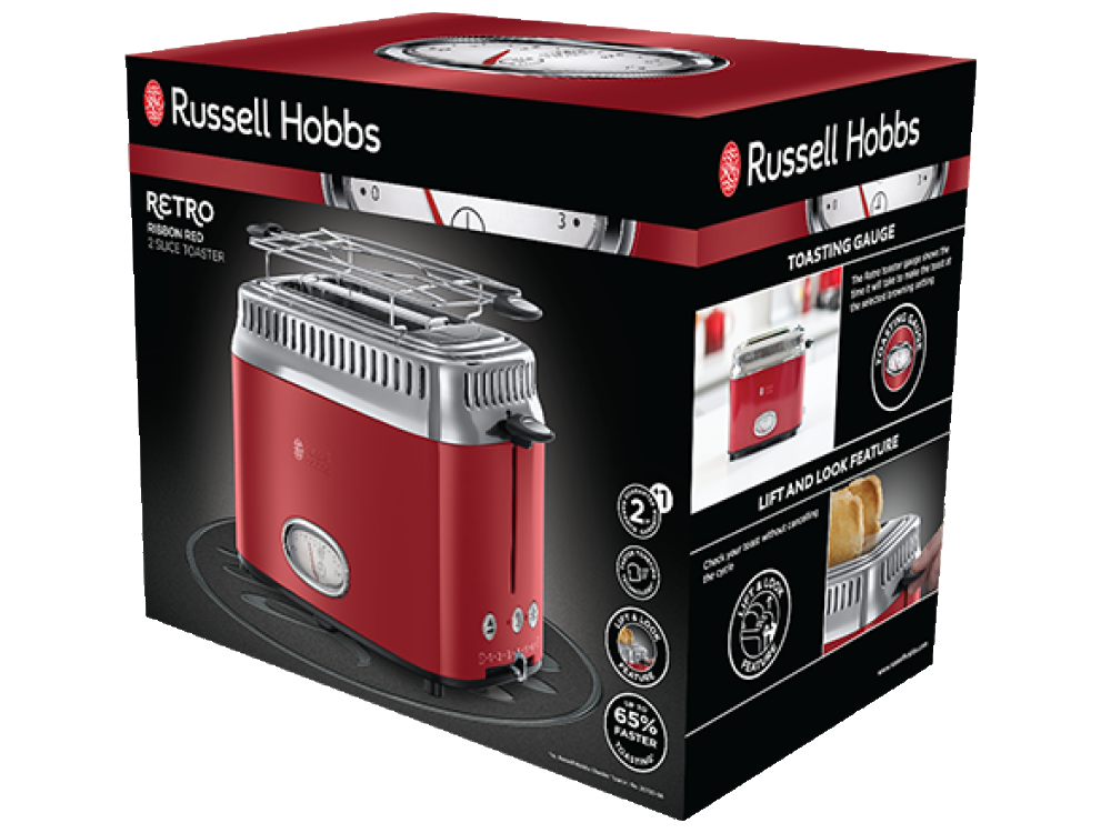 Tostadora - Russel Hobbs 21680-56 Retro Ribbon Red, 1300 W, 2 rebanadas, Acero inoxidable, Tueste rápido, Rojo