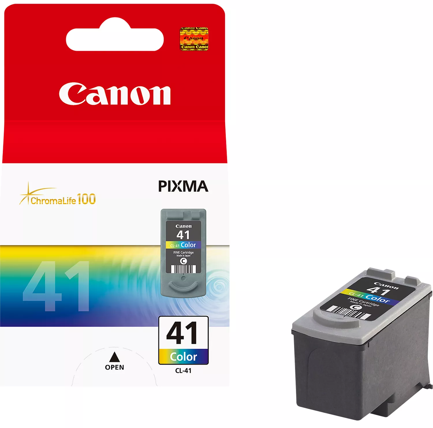 Canon nyomtatótintapatron csomagolása, piros és fehér. Egyetlen patron látható.