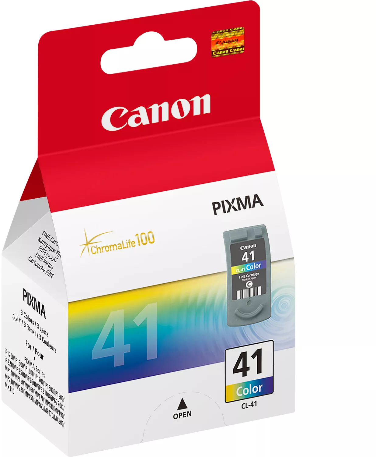 Egy Canon tintapatron doboz. Piros és fehér. A háttér fehér.
