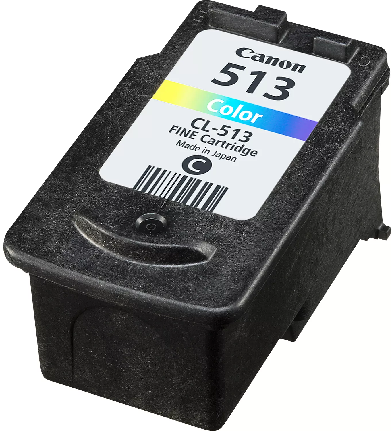Canon 513 színes tintapatron. Színcsíkokkal és a Canon logóval címkézve.