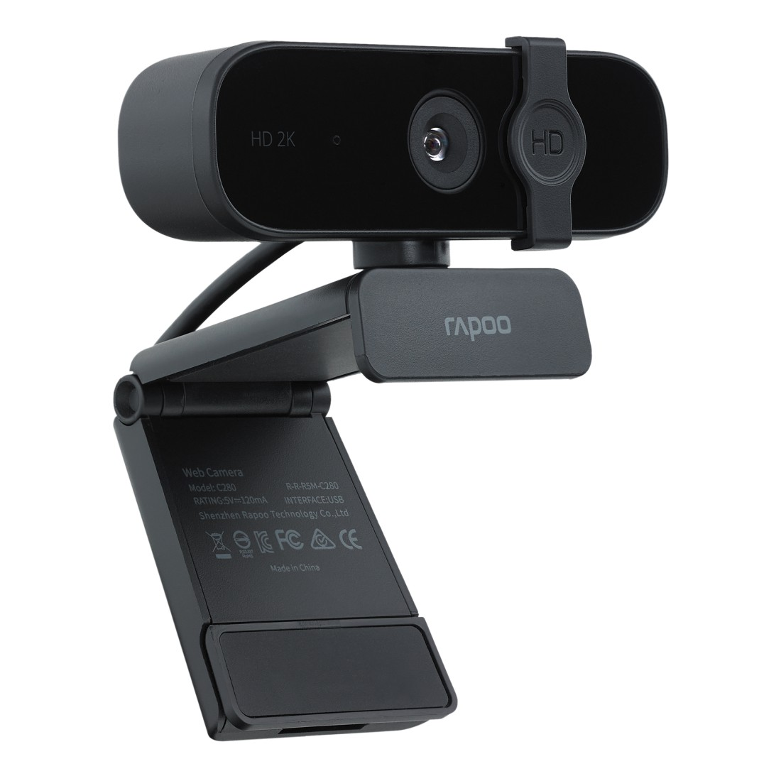 Eine schwarze Webcam mit HD 2K und HD-Aufklebern auf der Vorderseite. Sie steht auf einem Klappständer.