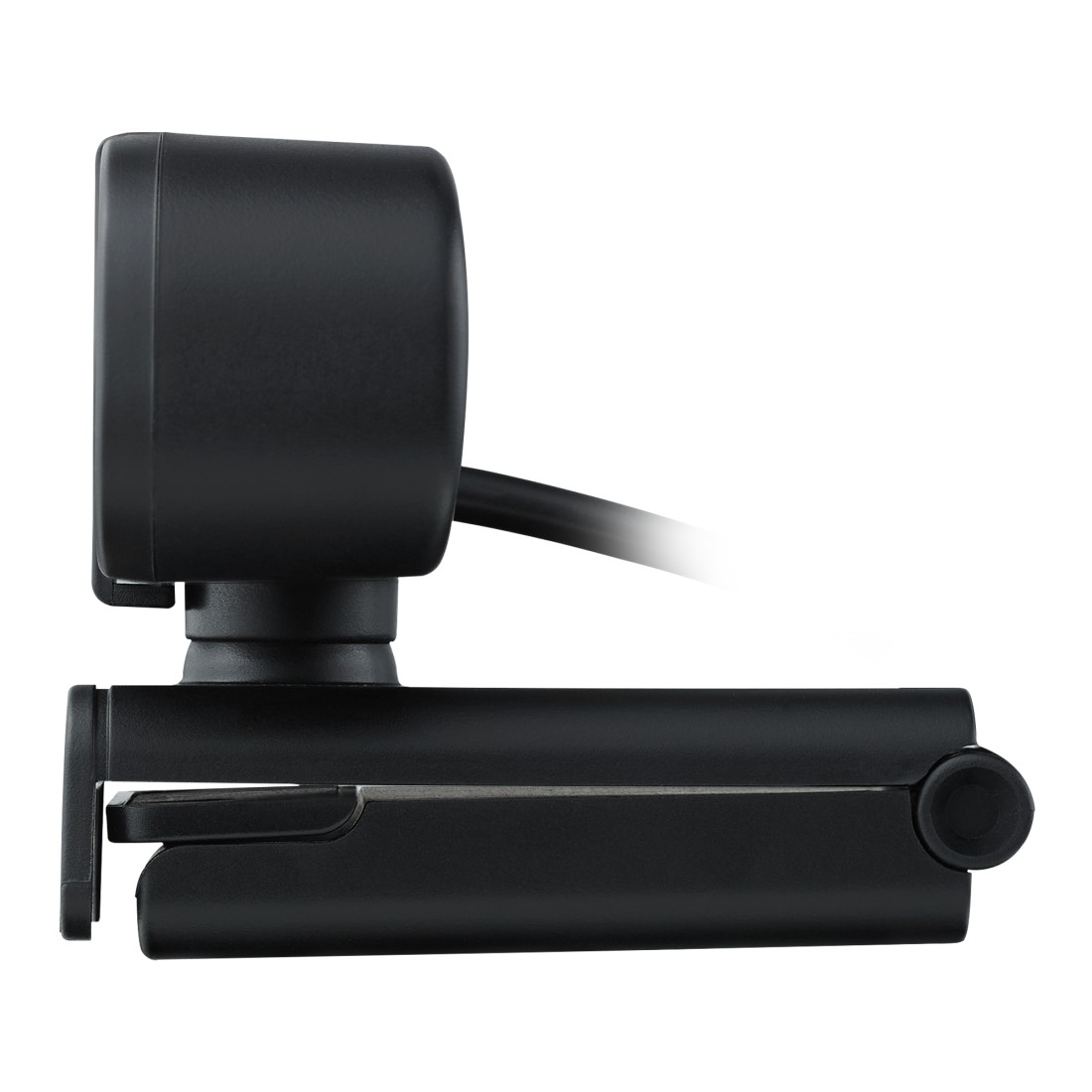 Schwarze Webcam mit Ständer. Die Webcam vor weißem Hintergrund.