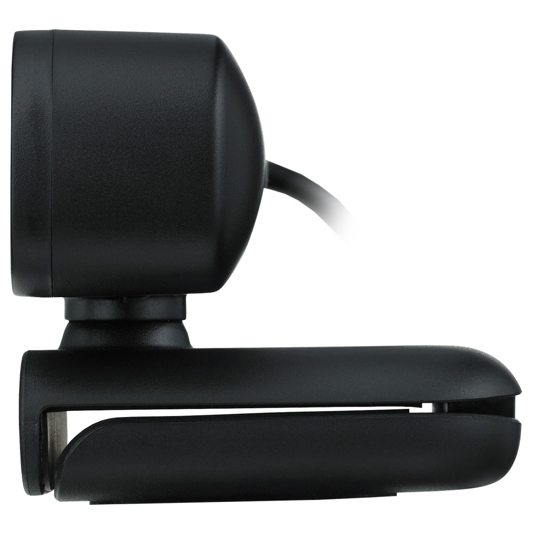 Schwarze Webcam mit gewölbter Oberseite und Basis mit Clip. Weißer Hintergrund.