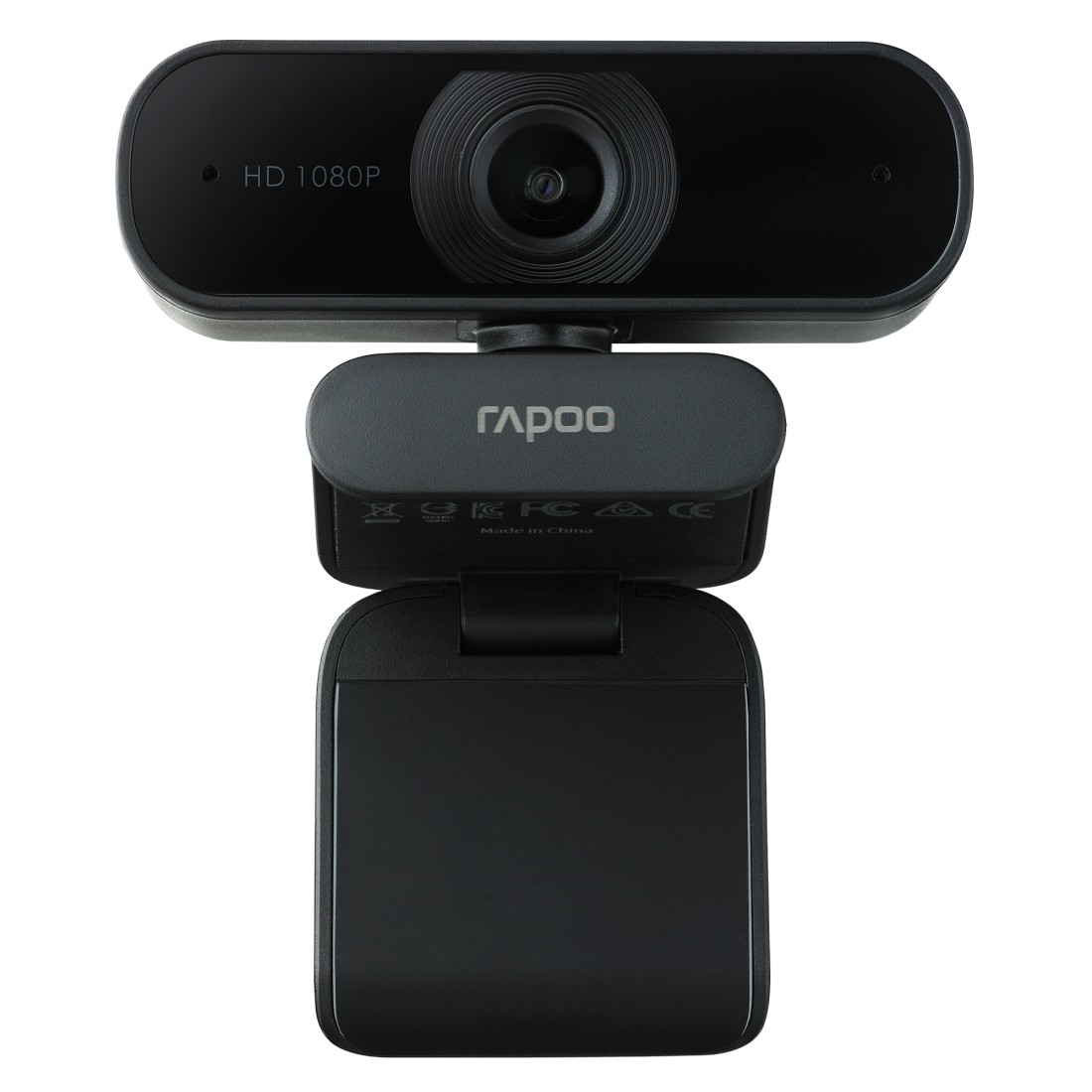 Schwarze Rapoo Webcam. Sie zeigt HD 1080P, eine Kameralinse und das Rapoo-Logo.