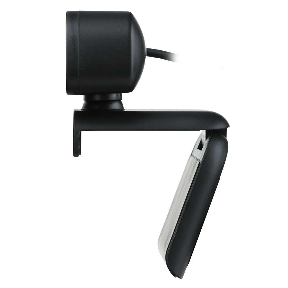 Eine schwarze Webcam, montiert mit einem Ständer. Sie hat ein Kameraobjektiv und eine Basis zur Befestigung an einem Bildschirm.