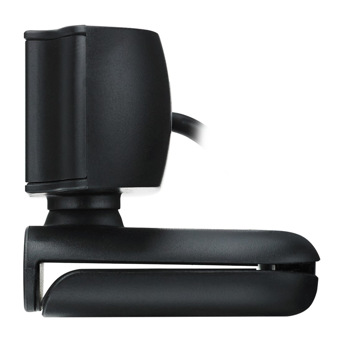 Eine schwarze Webcam mit rechteckigem Gehäuse und Clip-On-Basis, vor weißem Hintergrund.