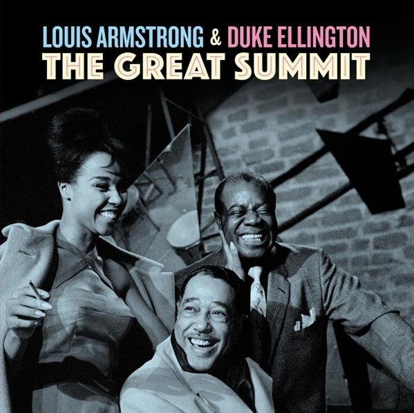 Fekete-fehér kép a 'Great Summit' album borítójáról Louis Armstronggal és Duke Ellingtonnal.