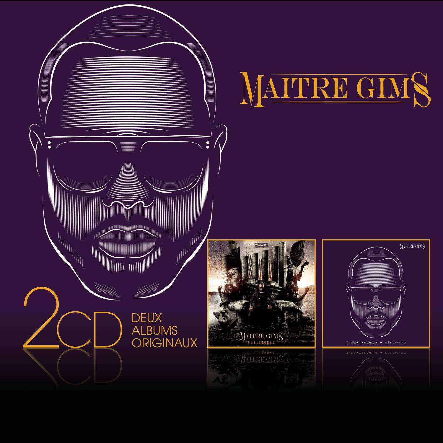 Maitre Gims portré, 2CD album borítók, arany szöveg. Lila háttér.