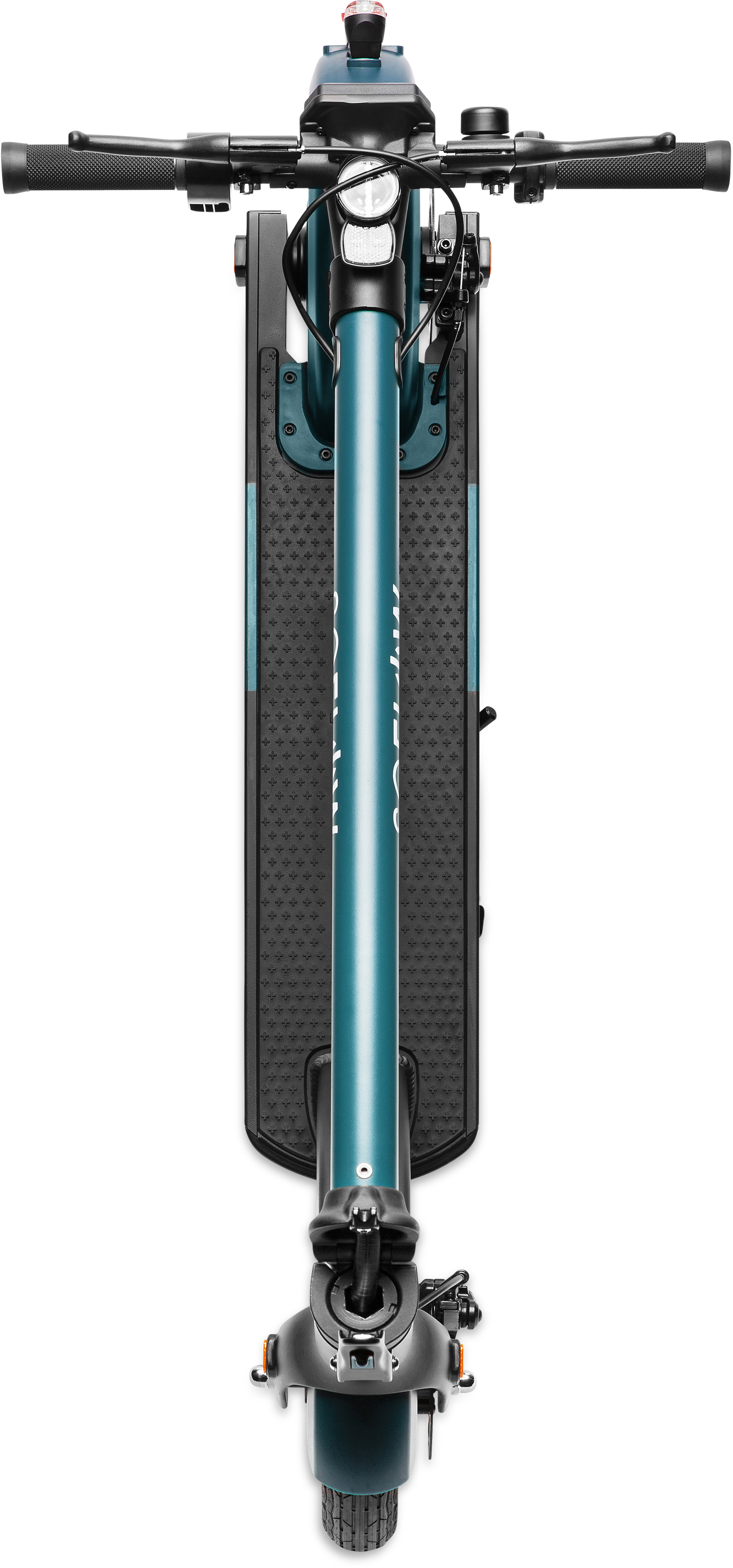 Draufsicht auf einen teal-farbenen Elektroroller. Lenker, Deck und Vorderrad sind sichtbar.