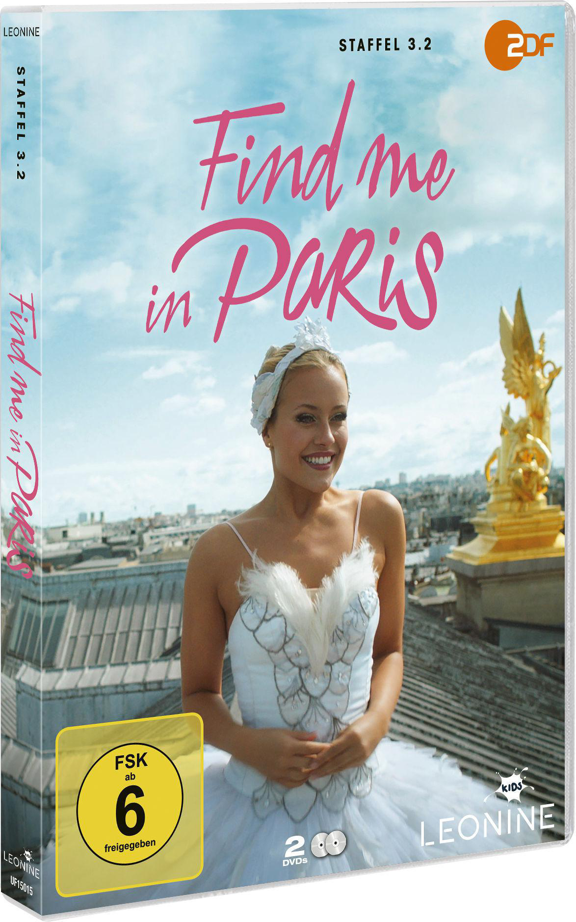 DVD-Cover von Find Me In Paris. Frau in weißem Kleid, Stadt im Hintergrund.