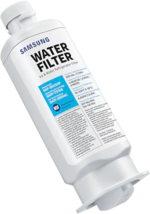 Een wit en blauw Samsung waterfilter, met de tekst: WATER FILTER, Ice & Water Refrigerator Filter. Het bevat productinformatie.