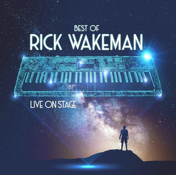 Albumcover für 'Best Of Rick Wakeman' mit einer Keyboard-Grafik, einer Figur und einem sternenreichen Hintergrund.
