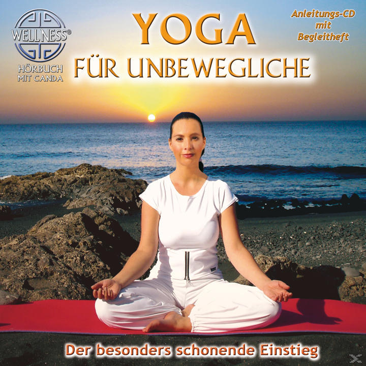 Eine Frau in weißer Hose und Oberteil macht Yoga auf einer roten Matte am Meer, mit Text auf Deutsch.