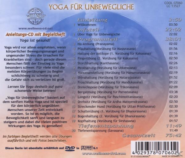 Rückseite einer Yoga-DVD mit dem Titel 'Yoga für Unbewegliche' und einer Liste von Yoga-Posen.