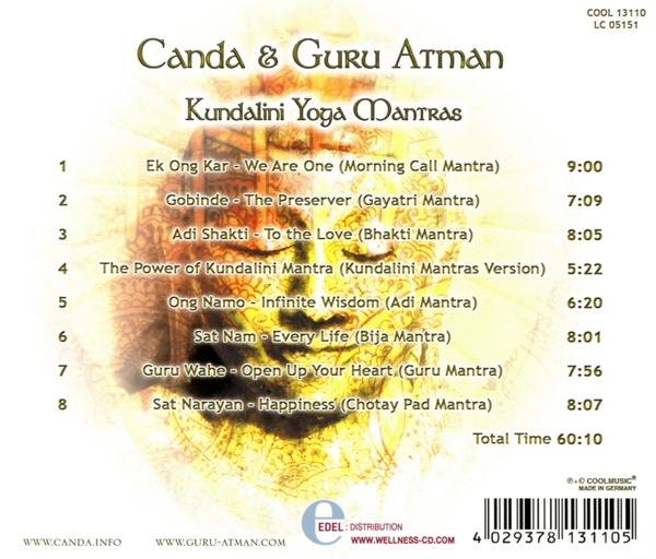 CD-Cover mit Text und Logo. Das Album heißt 'Kundalini Yoga Mantras' von Canda & Guru Arman.