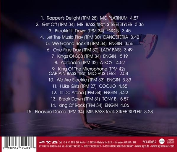 Rückseite einer CD mit einer Liste von Songs, Credits und einem Tänzer. Der Hintergrund ist blau und lila.