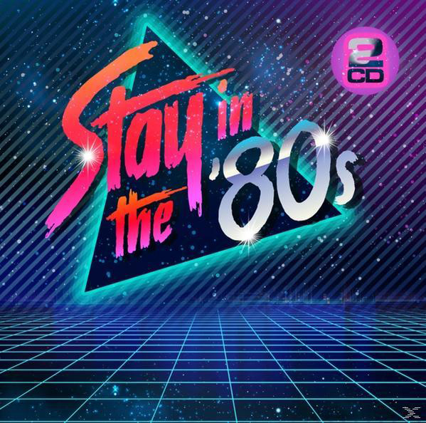 Retro Neon-Grafik mit 'Stay in the 80s' Text über einem Raster, mit einem lila Hintergrund.