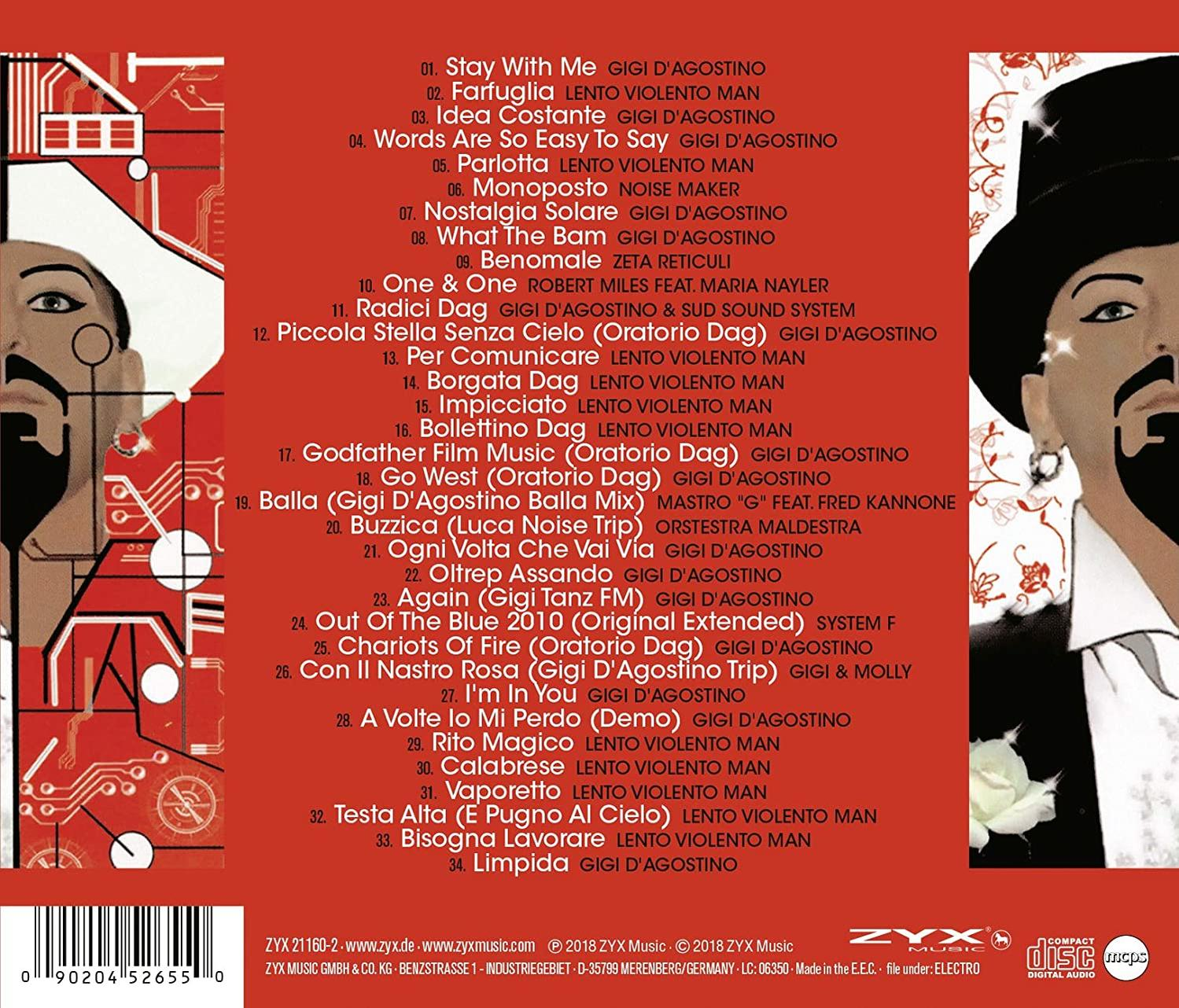 CD-Rückseite. Titelliste und Design. Roter Hintergrund. Text auf Italienisch und Englisch.