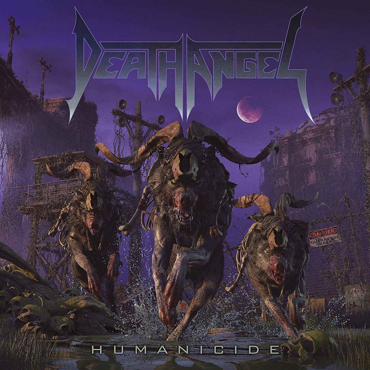 A Death Angel Humanicide album borítója. Három szörnyeteg fut a vízben. Egy vörös hold látható.