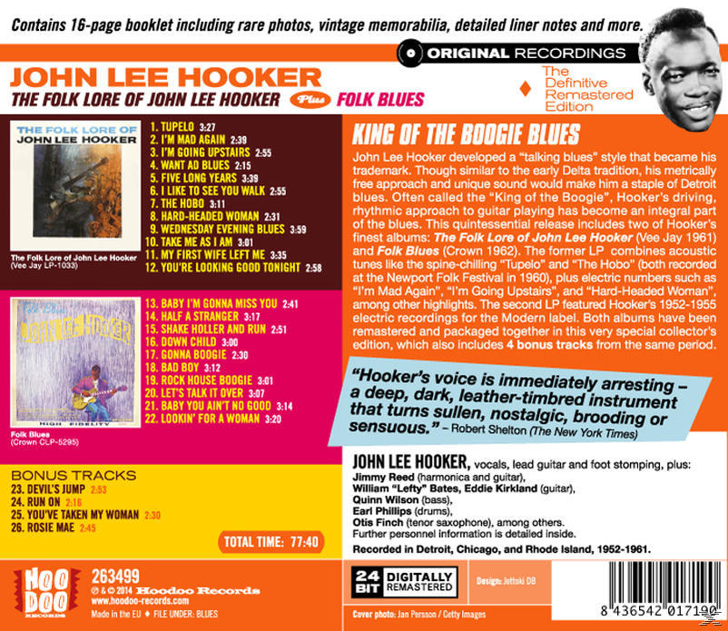 John Lee Hooker album borítója számlistával és részletekkel. Tartalmaz egy fotót a művészről.