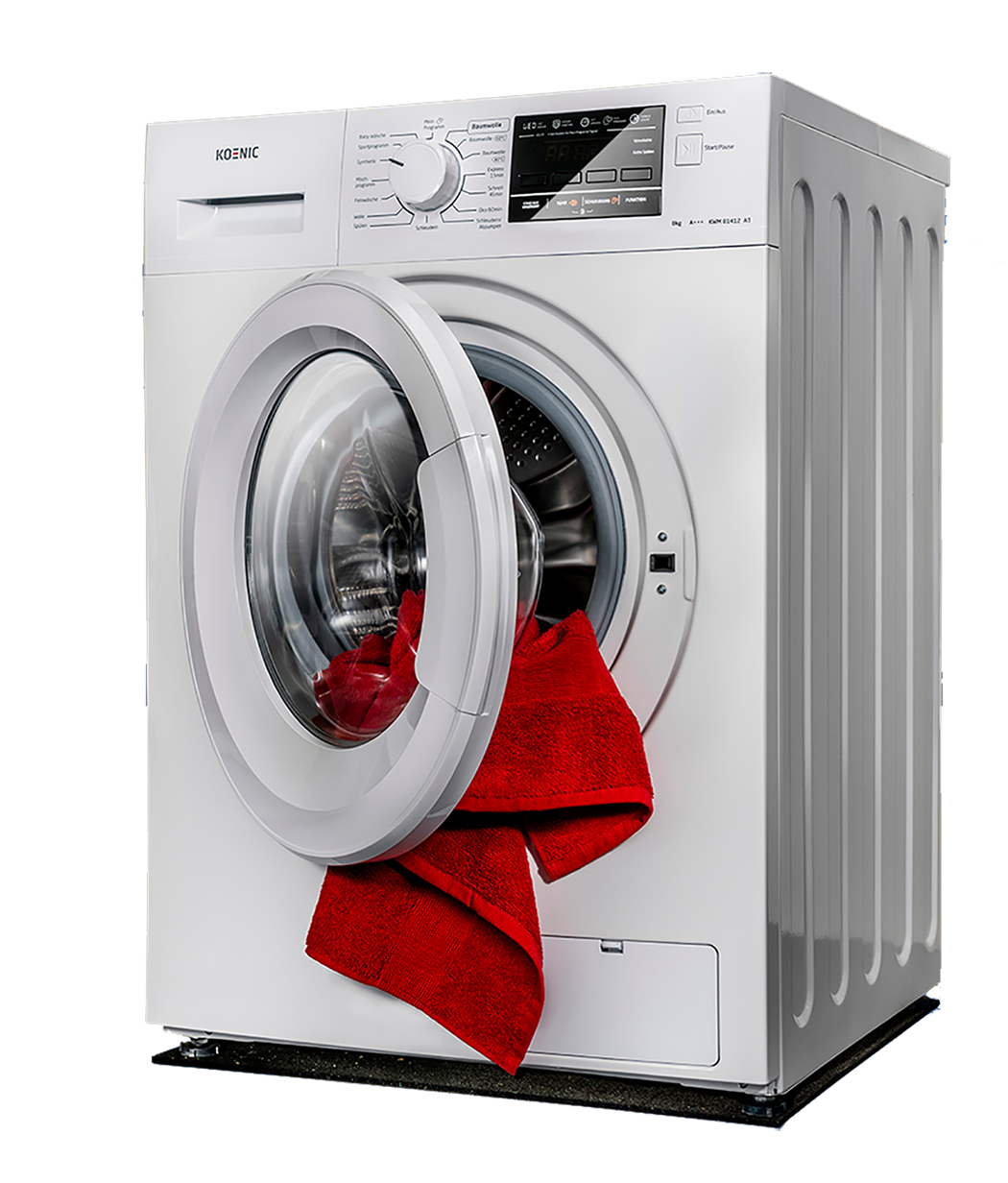 A white washing machine with the door open, revealing a red towel. Black background.