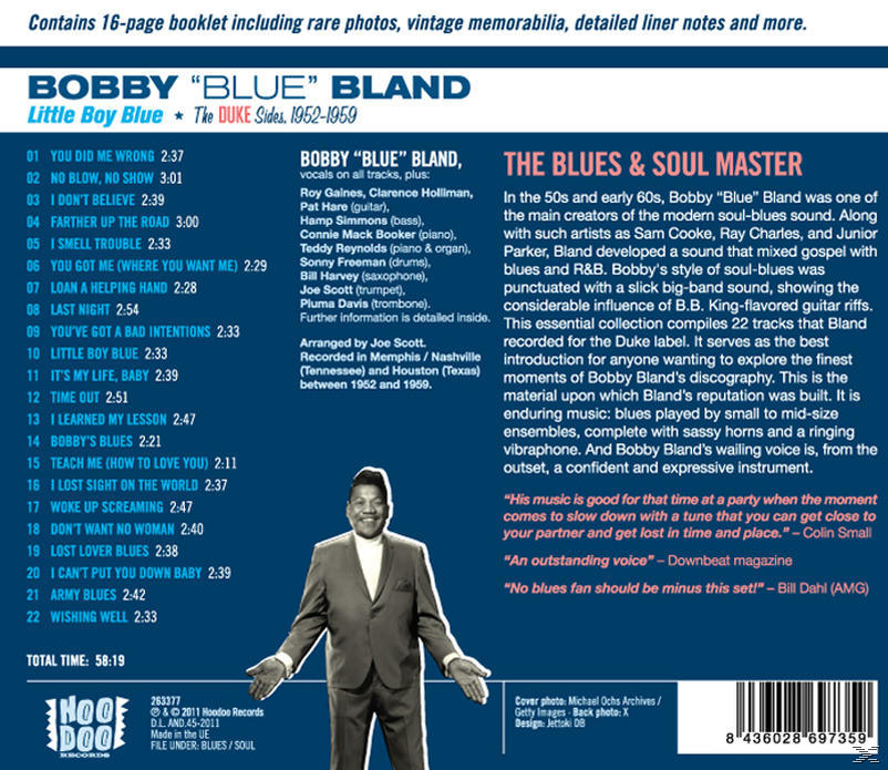 Album borító Bobby Blue Bland szövegével és képével, a dalok listájával és jegyzetekkel.
