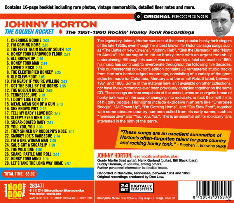 Album borító tracklistával és szöveggel, 'The Golden Rocket' Johnny Hortontól.