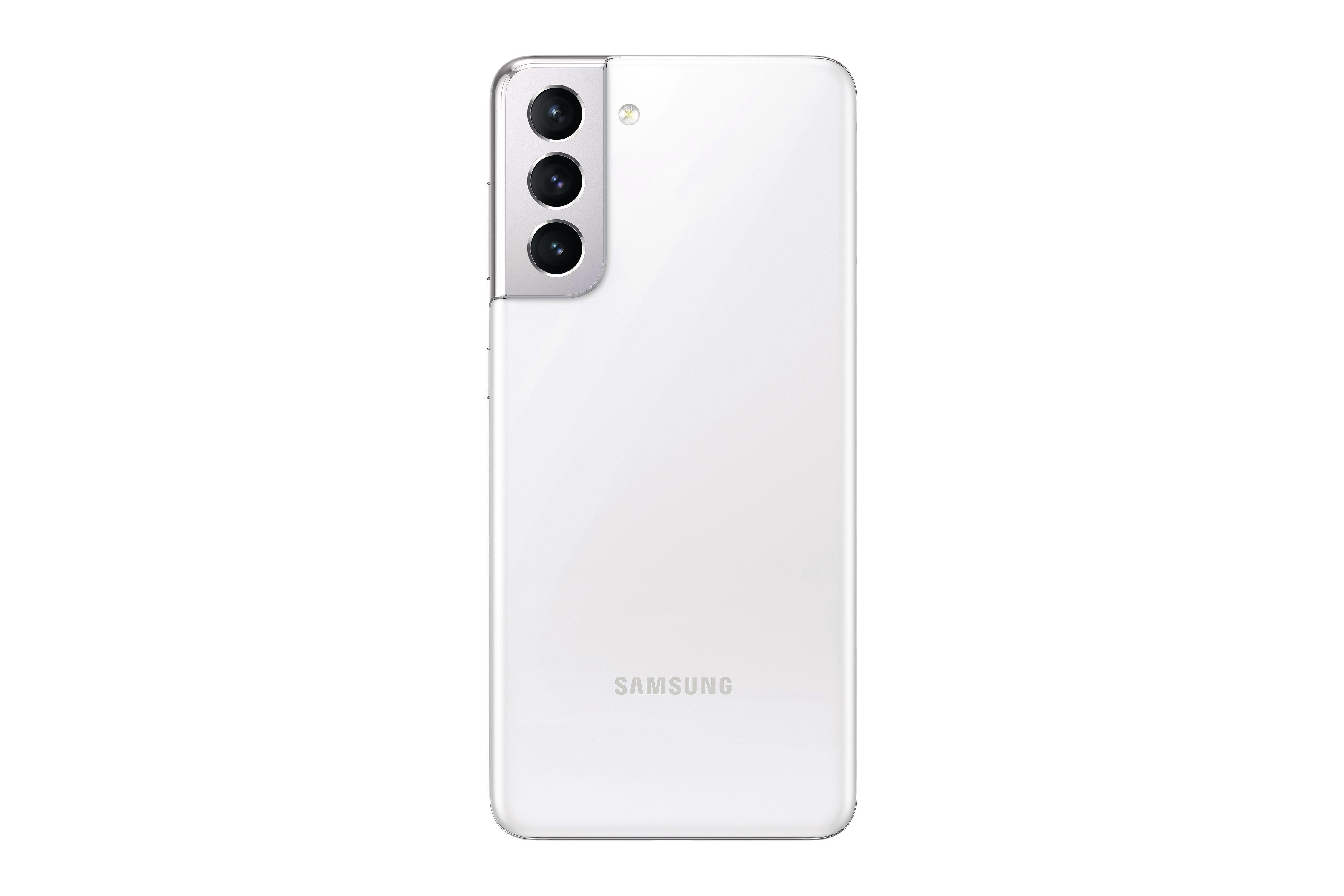 Weißes Samsung-Smartphone von hinten. Verfügt über eine Dreifachkamera.