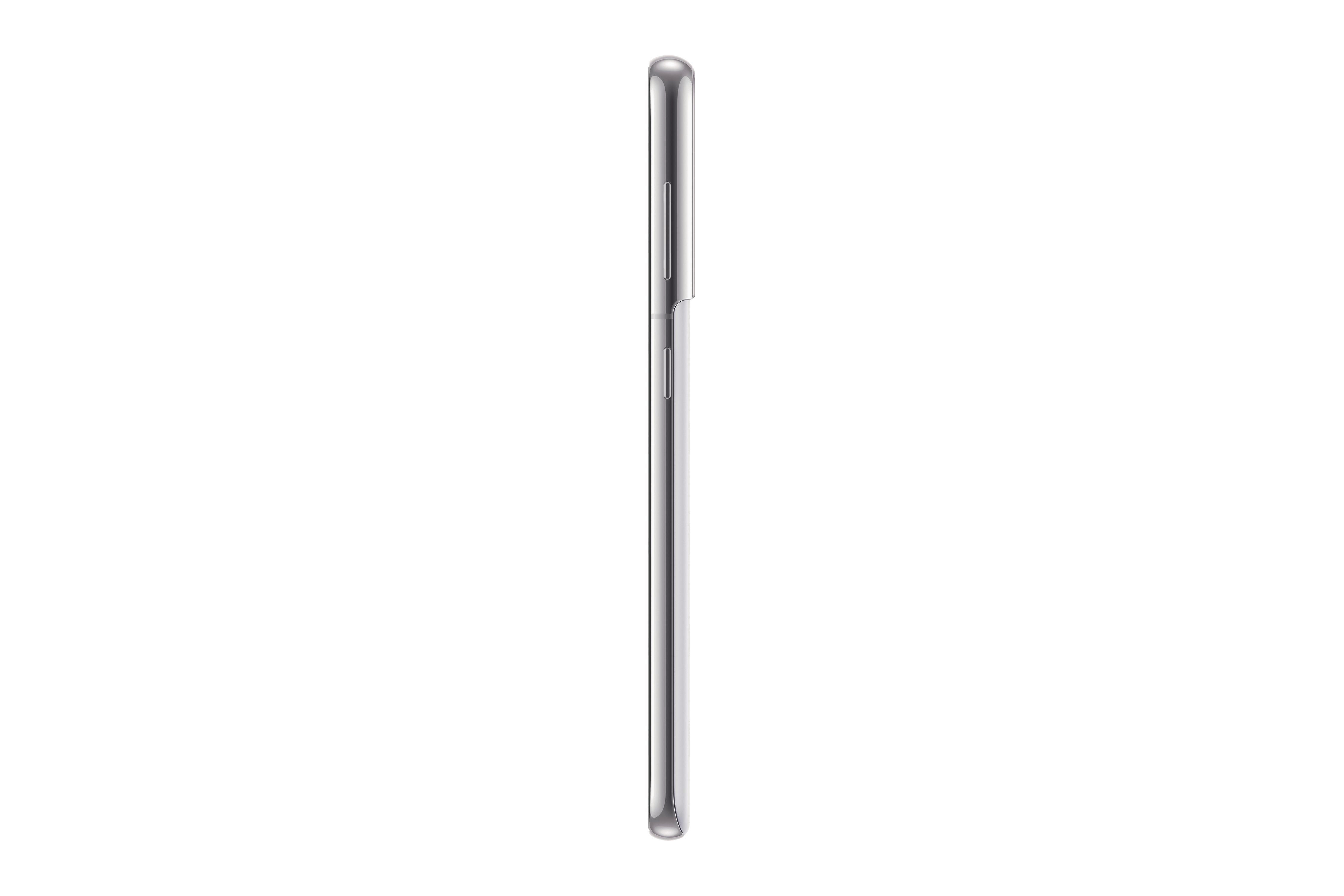 Seitenansicht eines silbernen Smartphones. Das Telefon ist dünn und elegant.