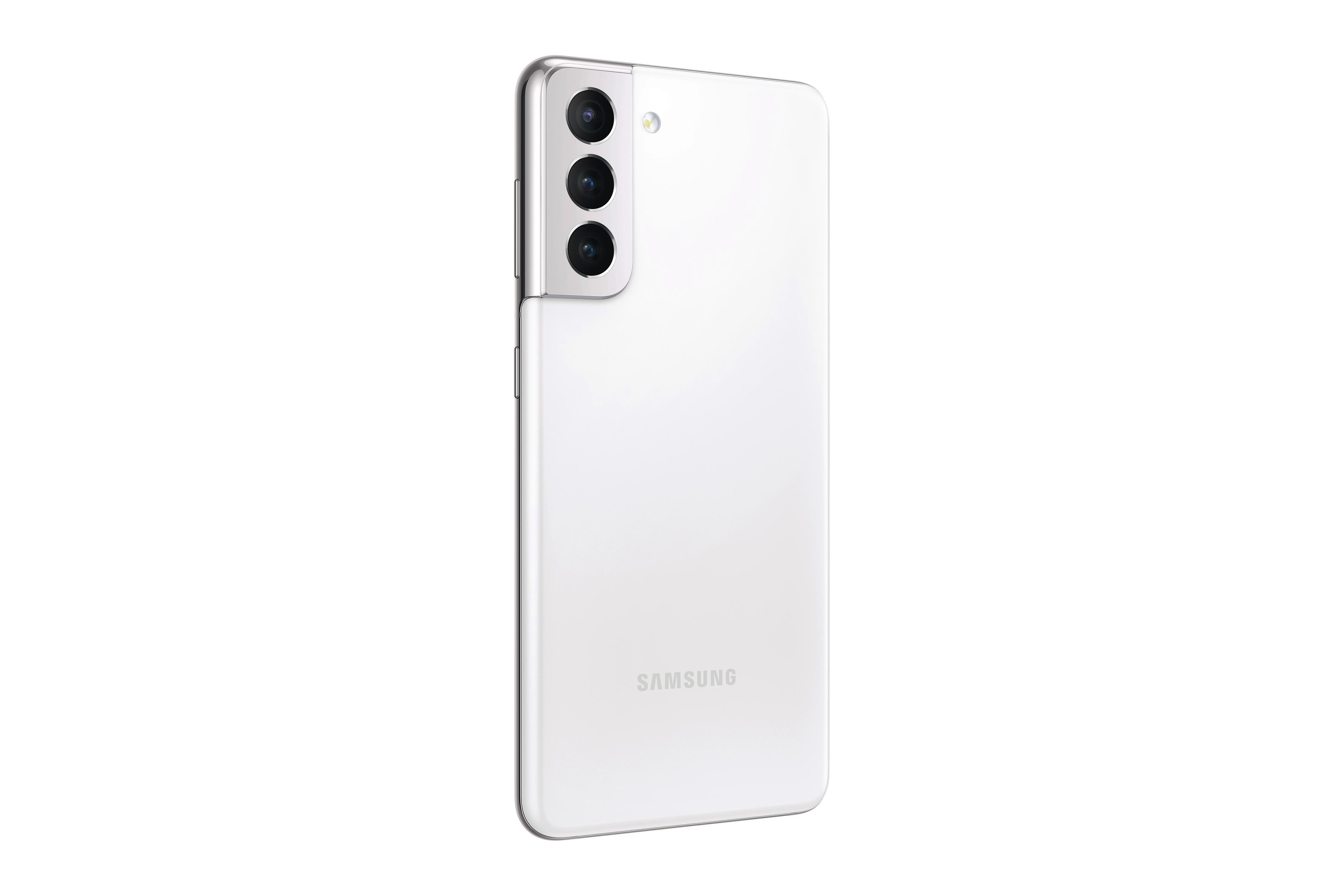 Weißes Samsung Galaxy S21 Smartphone. Das Telefon hat drei Kameras und einen silbernen Rahmen.