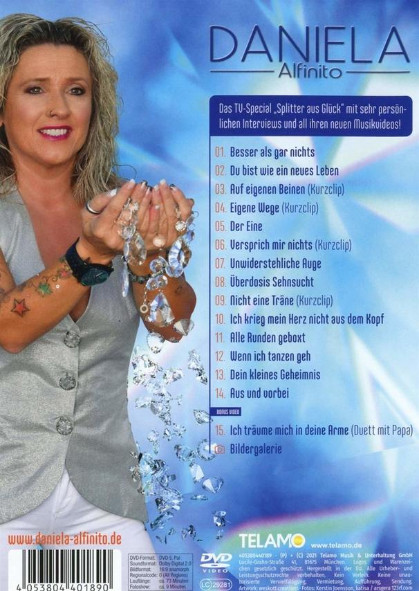 Rückseite einer DVD mit Daniela Alfinito. Sie hält eine Kristalldekoration.