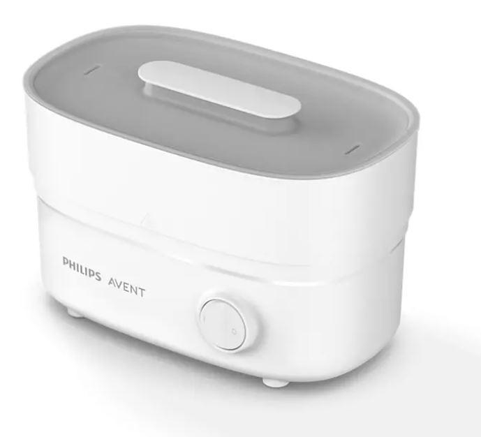 Weiß-grauer Philips Avent Babykost-Dampfgarer mit grauem Deckel.