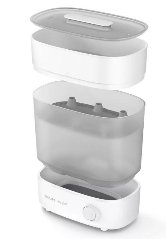 Ein weißer Philips Avent Babyflaschensterilisator, in drei Teile zerlegt, vor weißem Hintergrund.