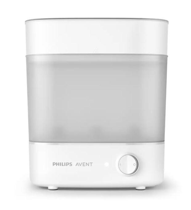 Ein weißer Philips Avent Babyflaschensterilisator mit einem Knopf und einem transparenten Deckel.