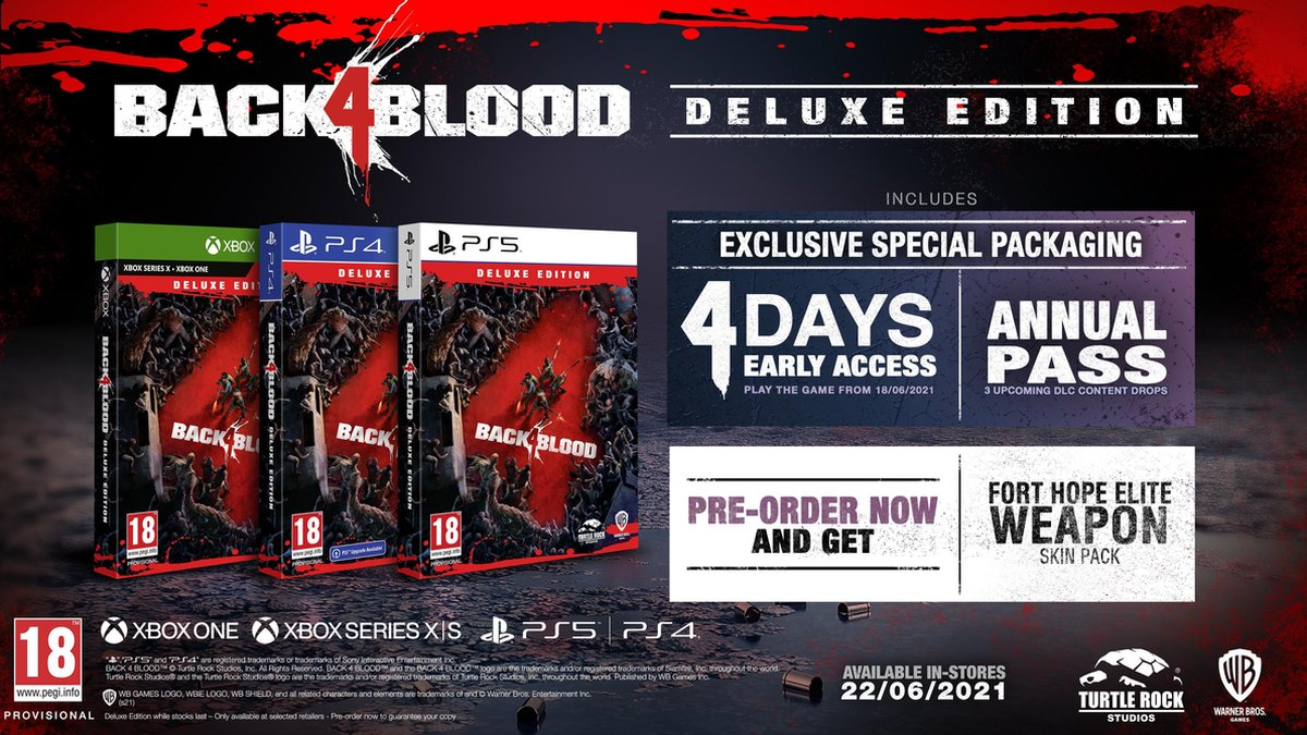 Gameboxen voor Back 4 Blood Deluxe Edition. Inclusief exclusieve verpakking en pre-order bonussen.