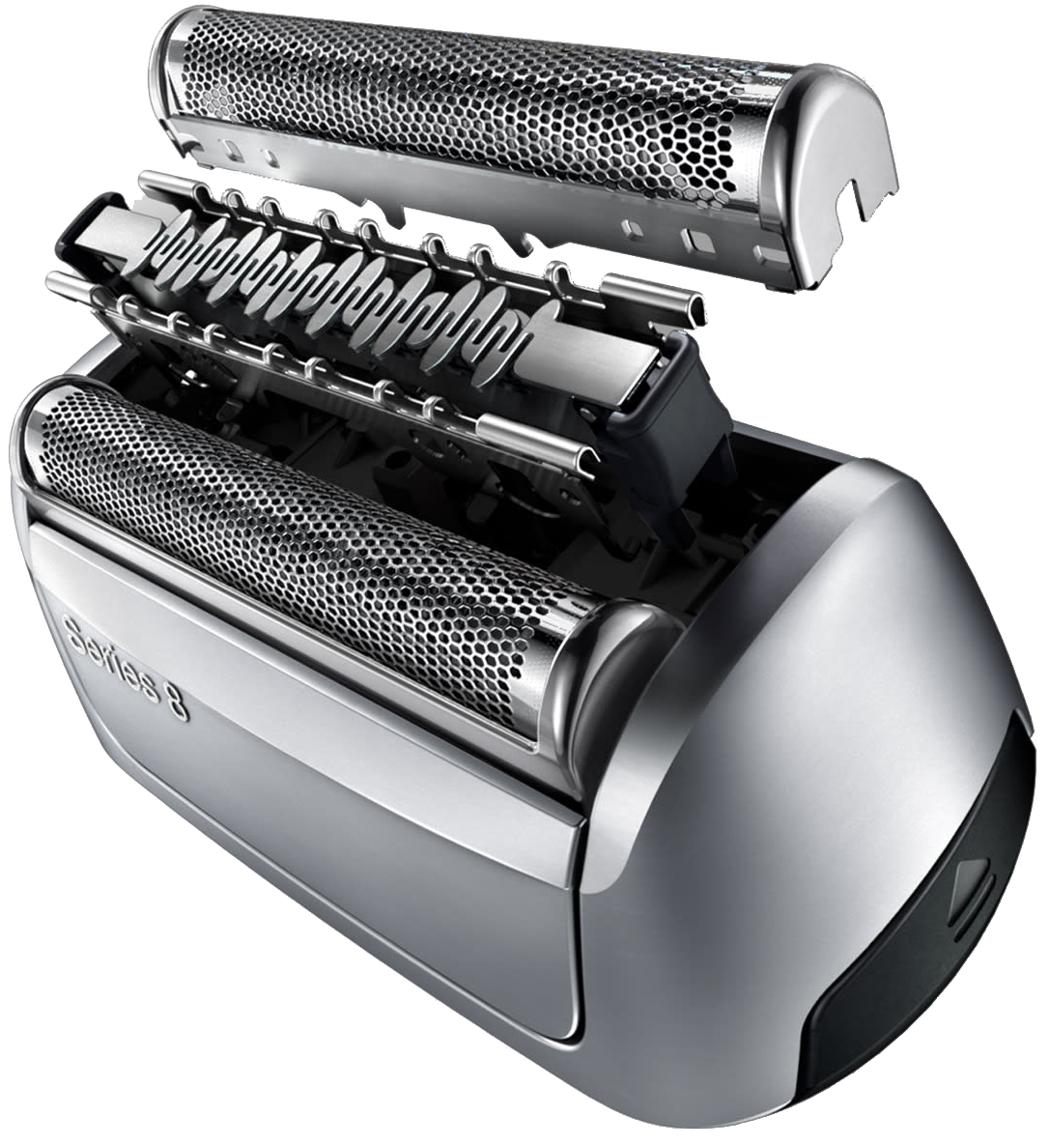 Egy nyitott ezüst Braun Series 3 borotva, belső pengéket és hálókat mutat.