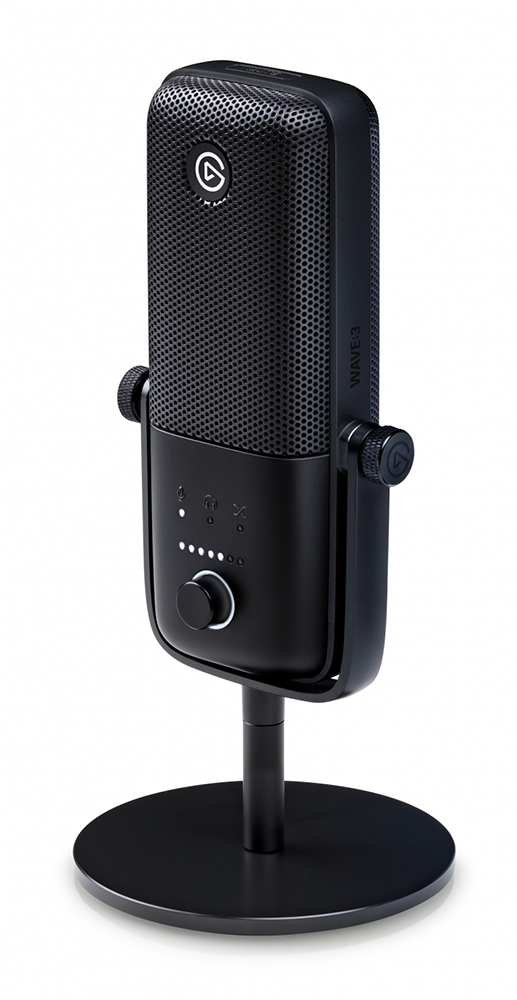 A black microphone on a stand. The microphone has a mesh cover and a volume knob.