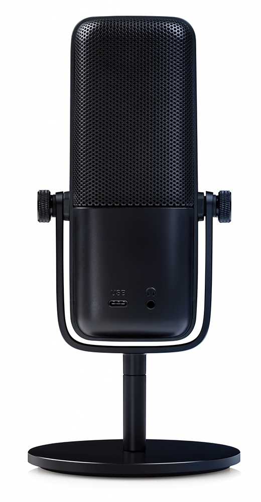 A black microphone on a stand with a USB and headphone jack, against a white background.