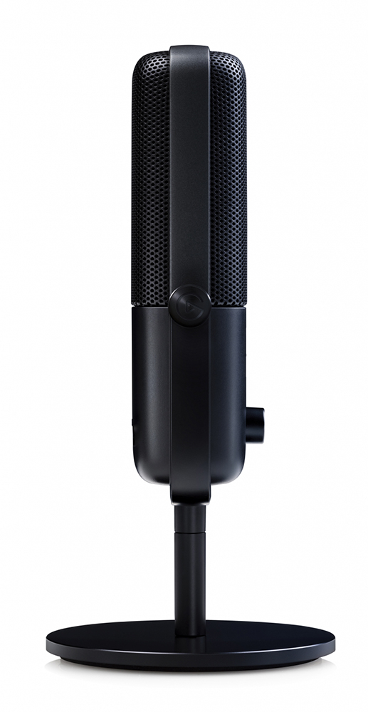 A black microphone on a black stand.