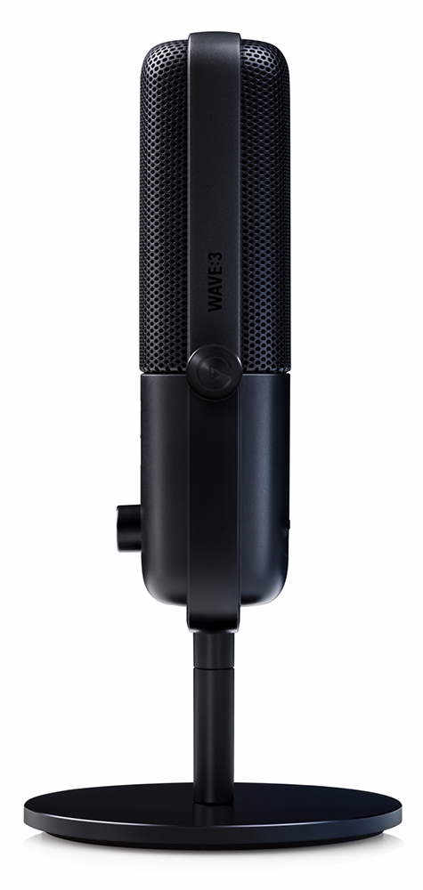 A black microphone on a stand with the word 'WAVE 3' on the side on a white background.