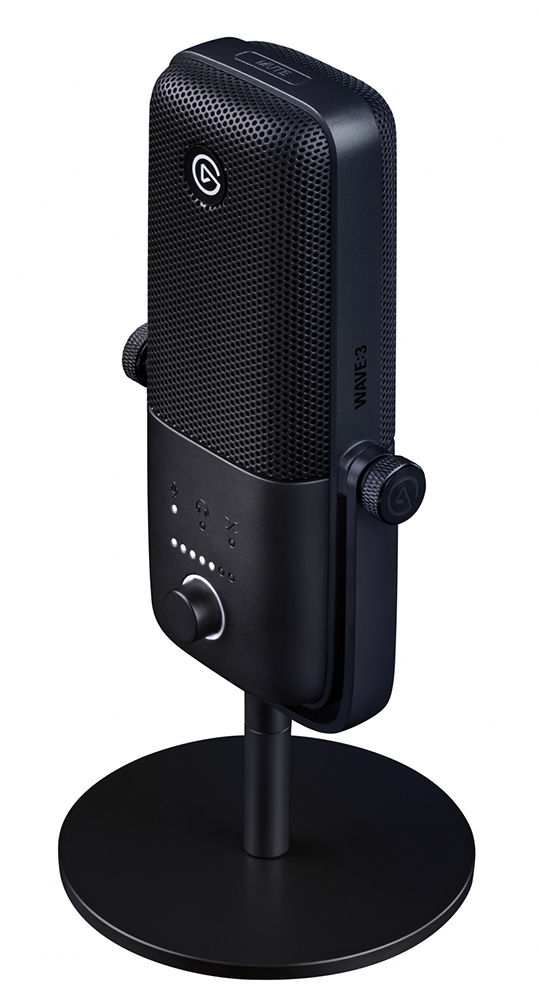 Black microphone on a stand, with controls. White background, studio lighting.