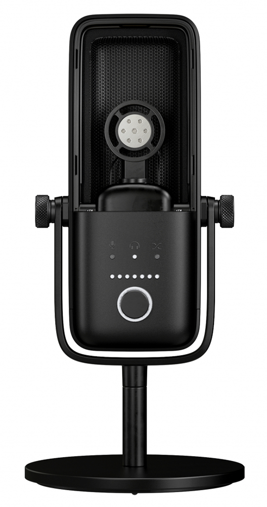 Black microphone on a stand. It has a screen and buttons. The background is white.