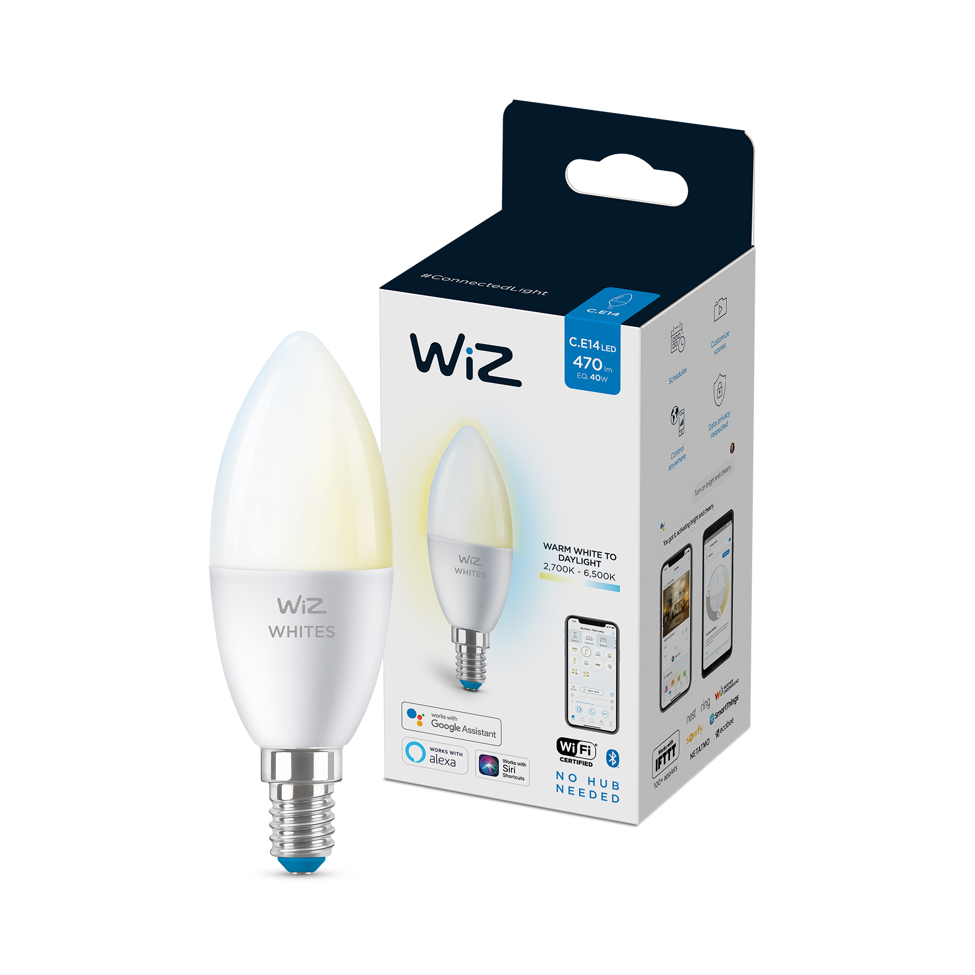 Wiz LED light bulb with box. Bulb has a white base and a clear top.