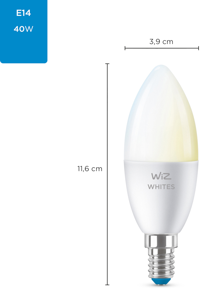 White LED light bulb. Dimensions and specifications are visible, with a blue box.