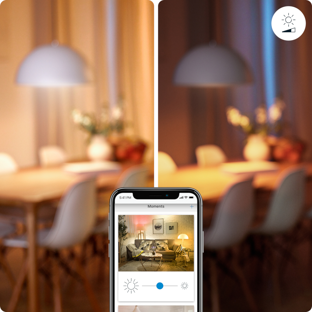 A smartphone displays a lighting control app. Two images show a dining room.