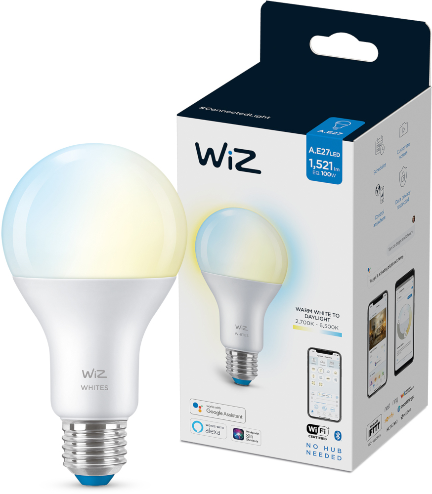 Une ampoule intelligente WiZ avec une boîte. L'ampoule est blanche, la boîte contient une image d'ampoule et des captures d'écran de l'application.