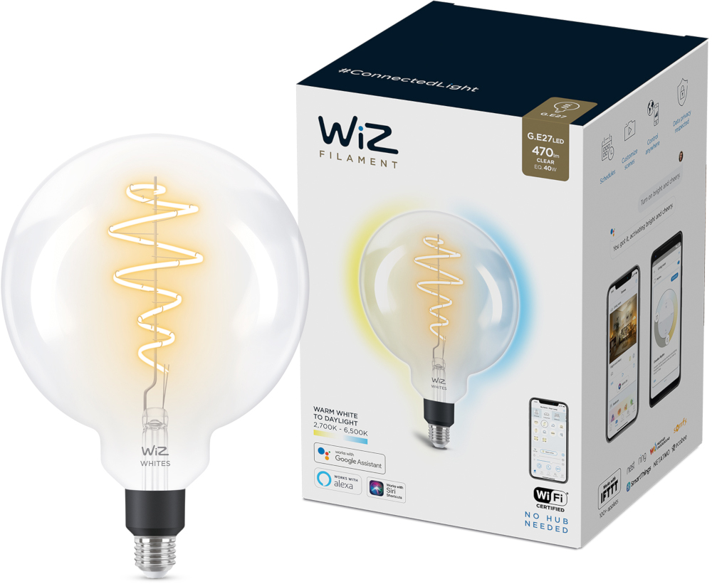 Een grote, ronde LED-lamp naast de doos. De lamp brandt en de doos heeft info.