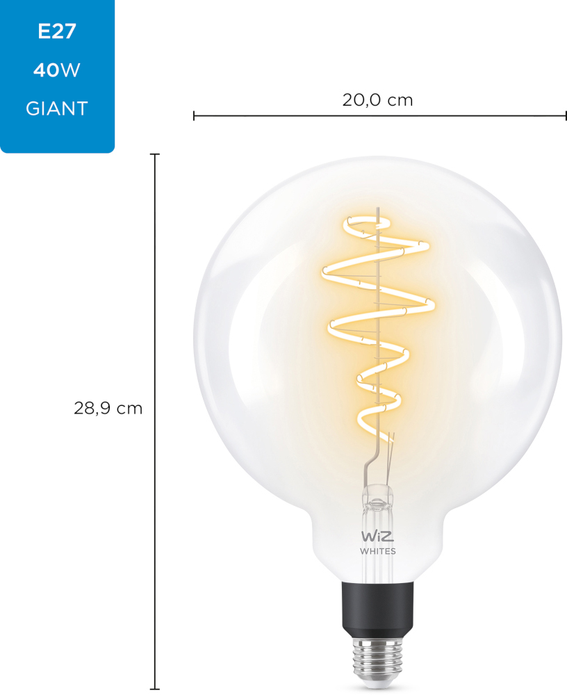 Een gigantische E27 40W-lamp met een spiraalvormige gloeidraad, die de afmetingen toont.